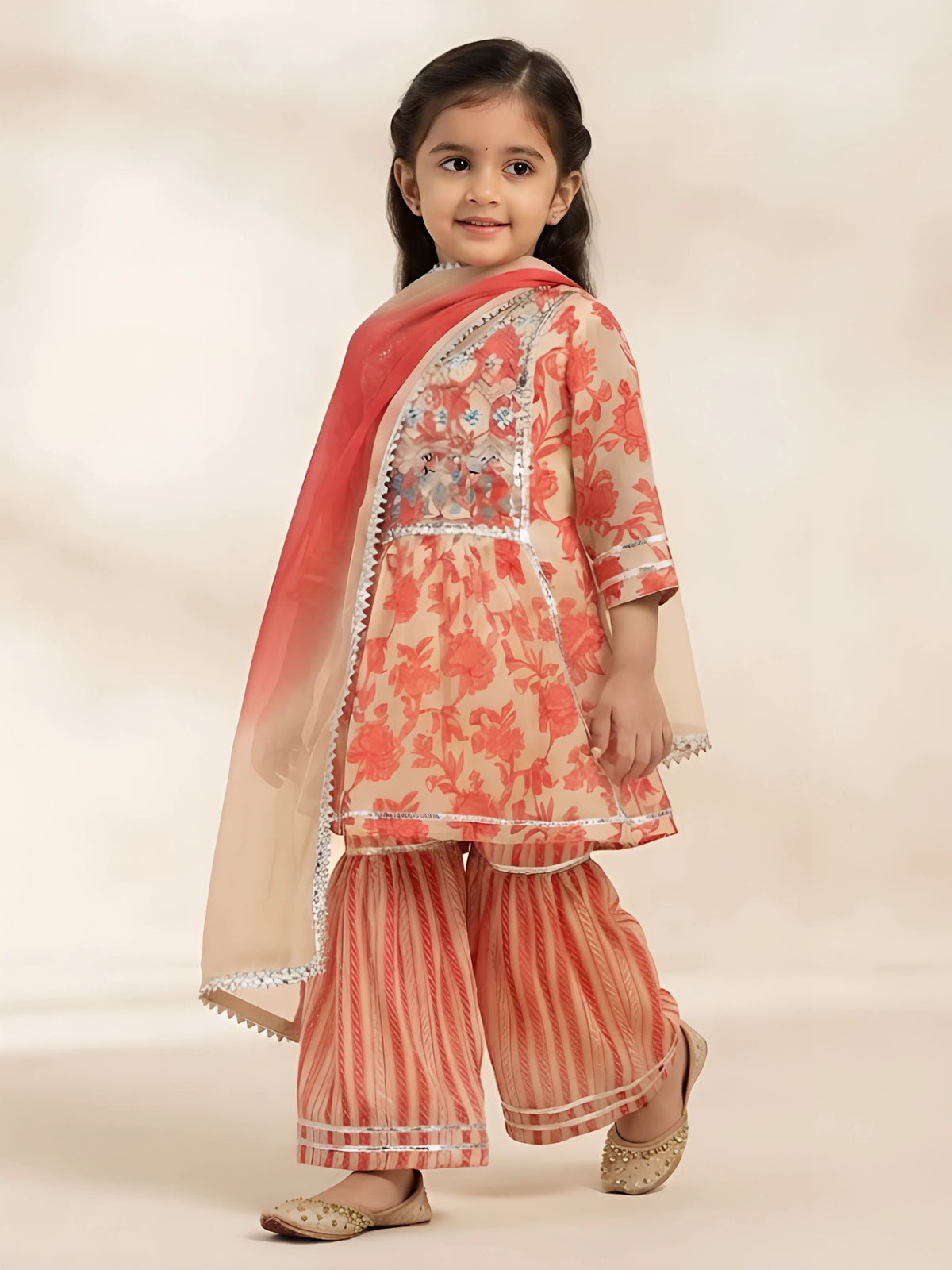 Cream floral print palazzo set with embroidered yoke for girls ethnic wear
