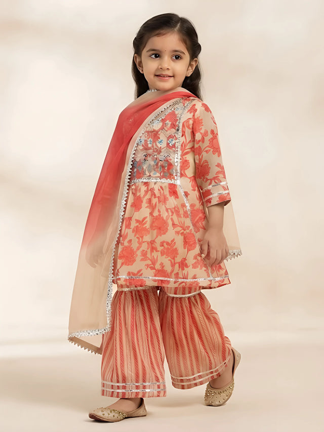 Cream floral print palazzo set with embroidered yoke for girls ethnic wear