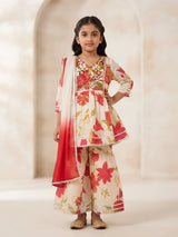 Girls cream floral printed kurta set with red ombre dupatta