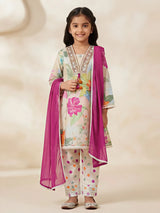 Green floral print kurta pajama set for girls with lace borders and pink dupatta