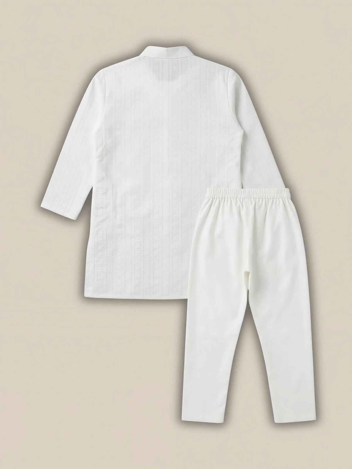 Boys White Textured Kurta Set.