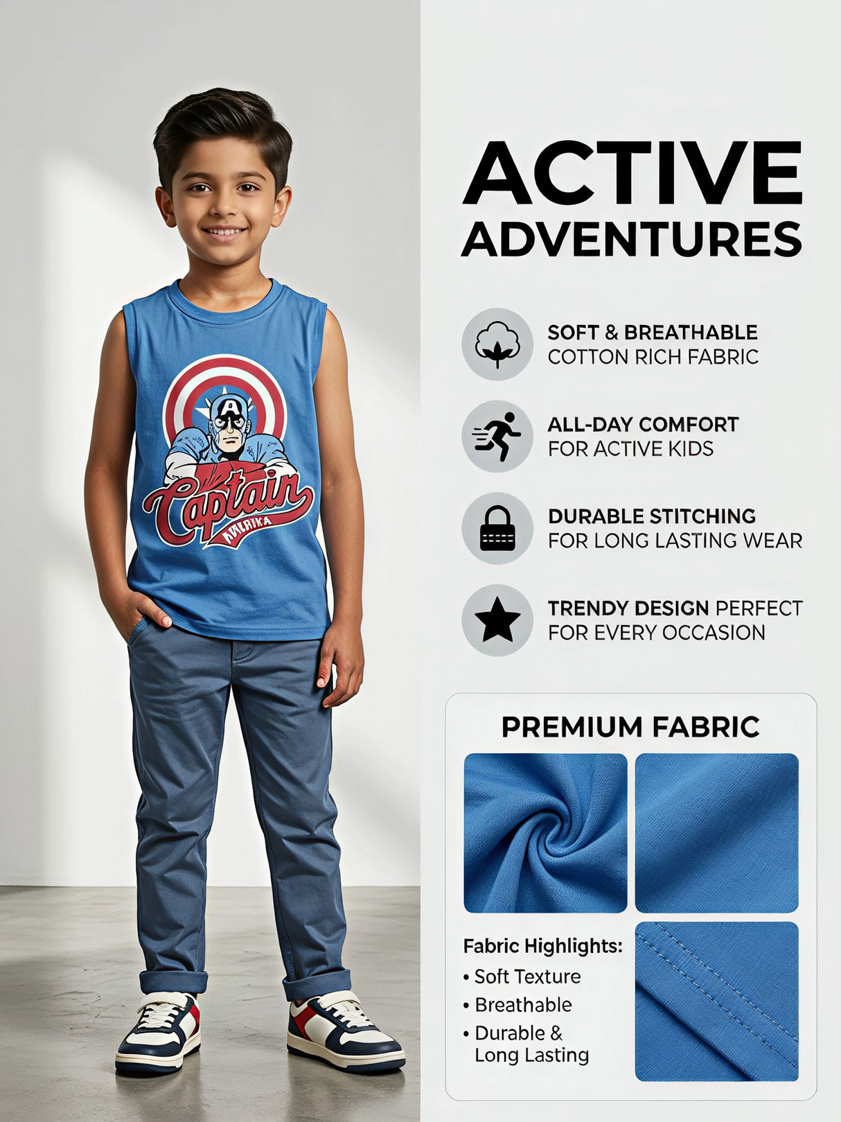 Boys Blue Captain America Printed Sleeveless T-Shirt