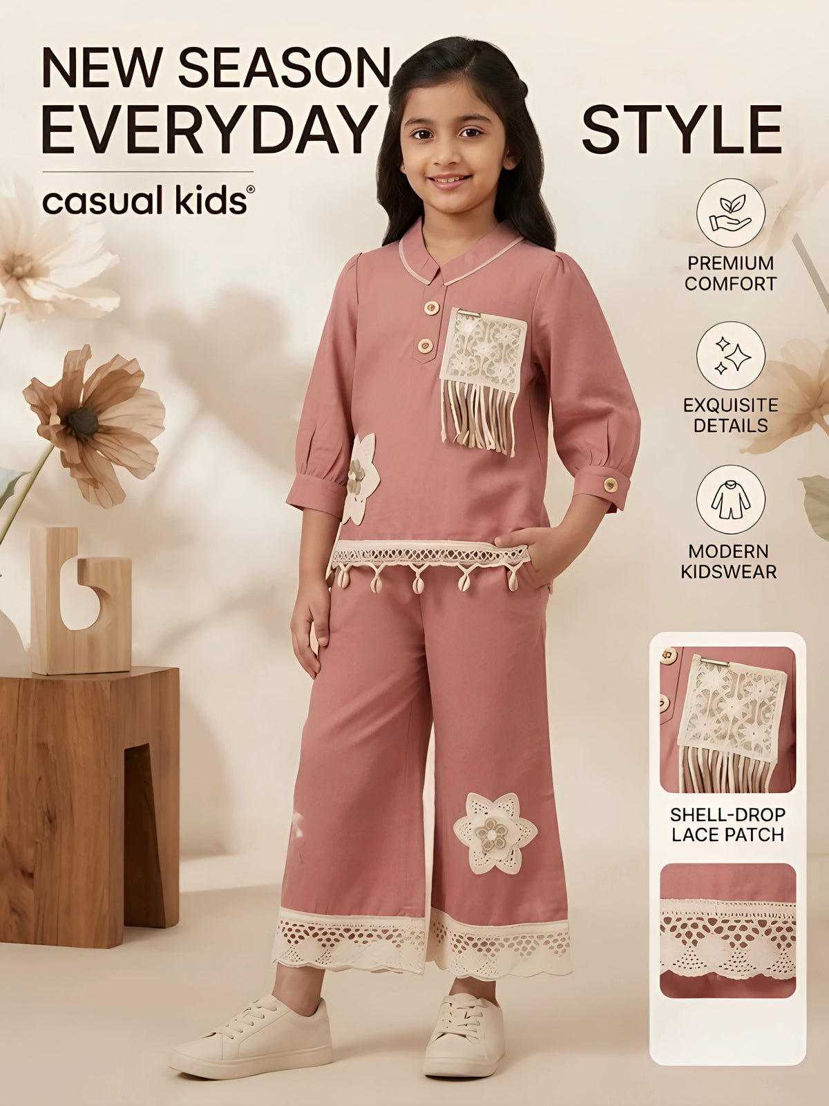 Girls Peach Embroidered Two Piece Set.