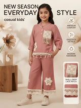 Girls Peach Embroidered Two Piece Set.