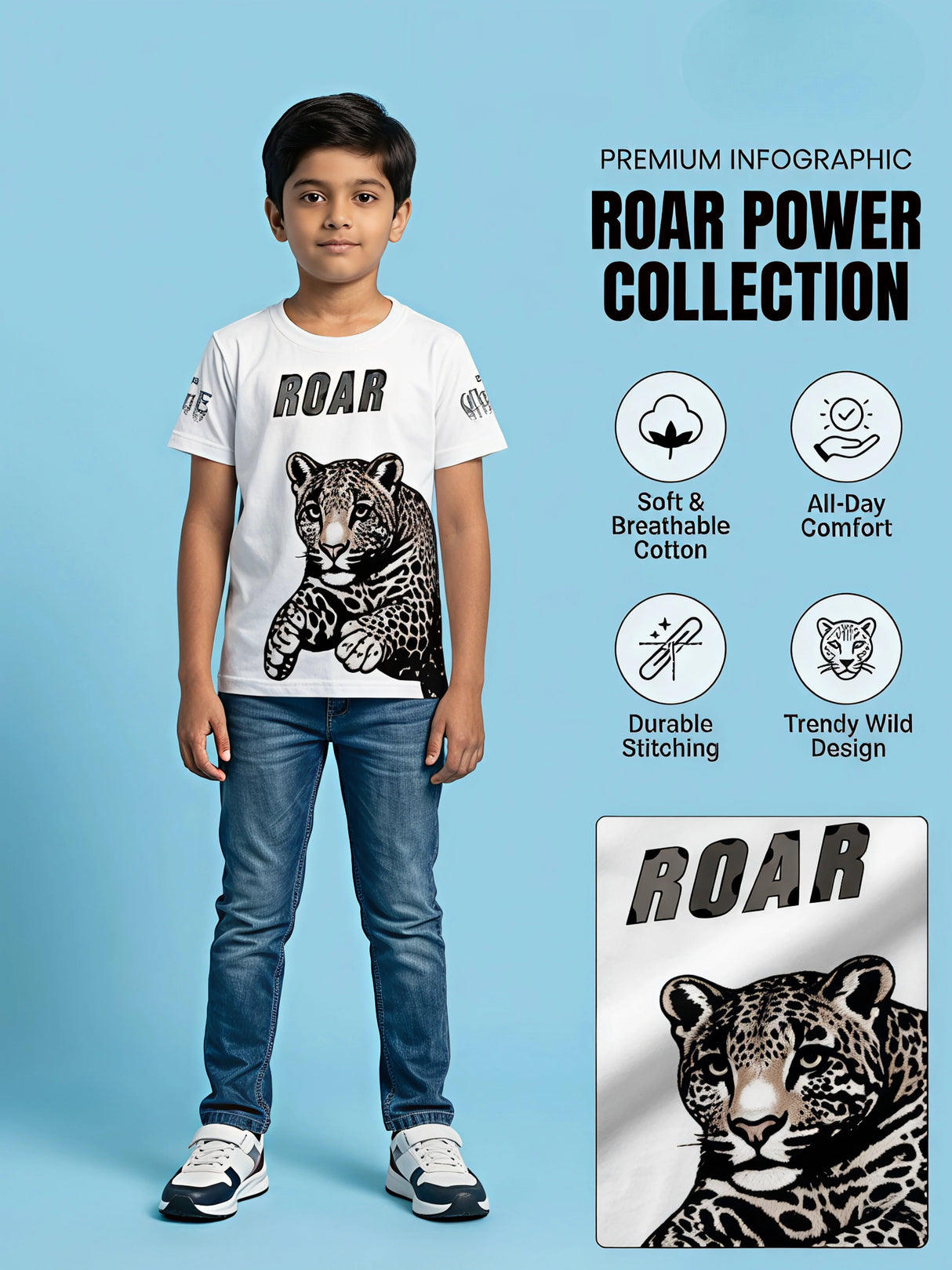 Boys White Leopard Print Graphic T-Shirt - Roar Edition