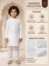 Boys White Textured Kurta Set.