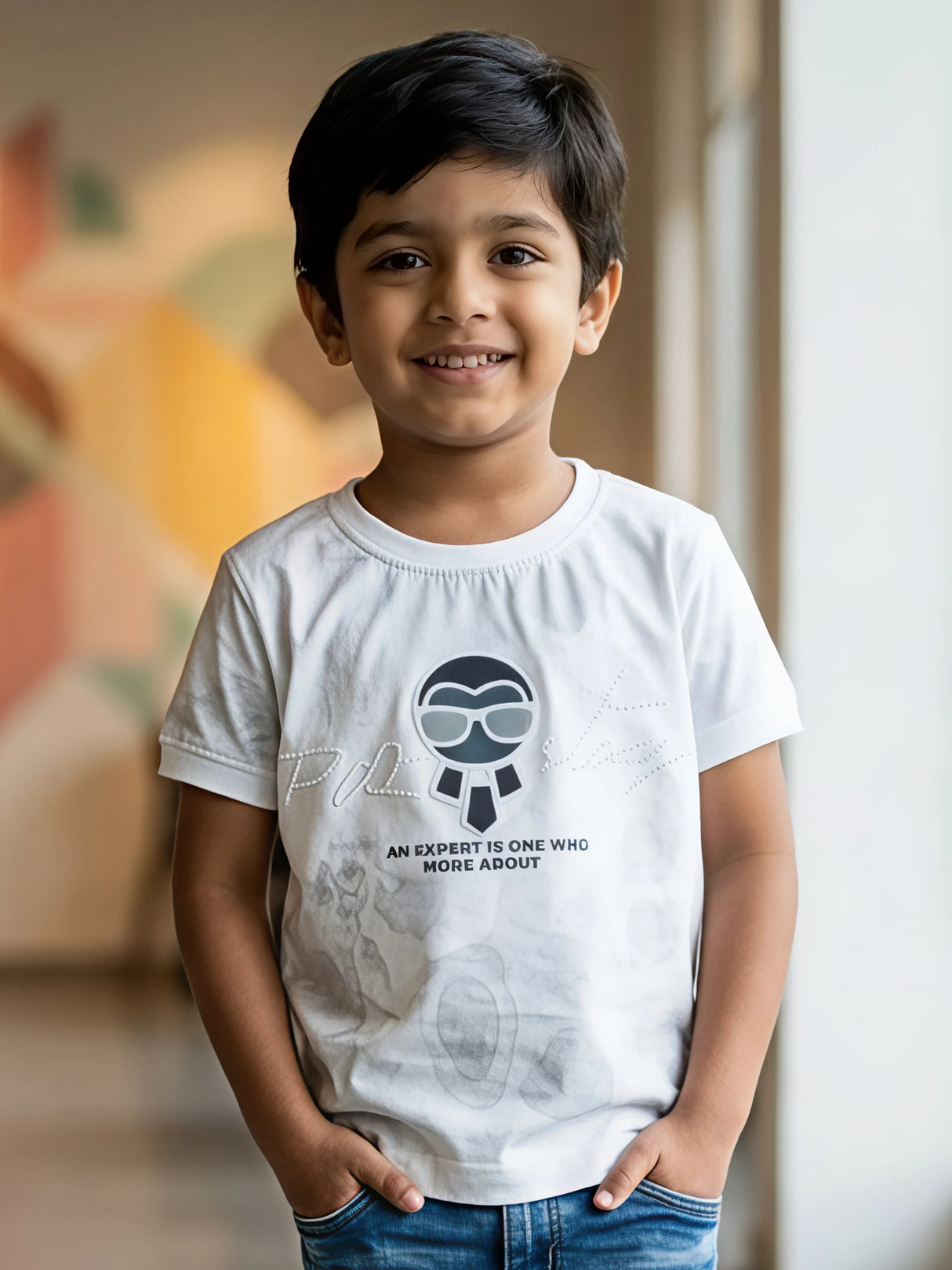 Boys White Graphic Print Cotton T-Shirt