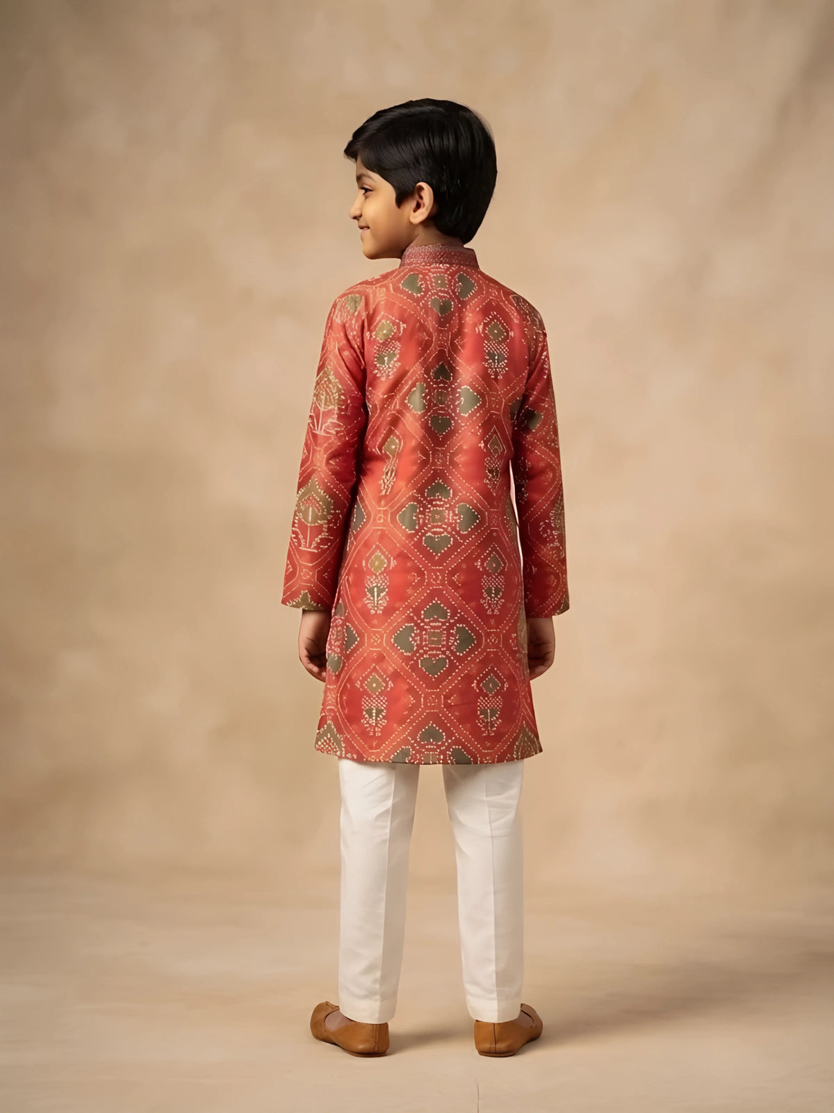 Boys Red Printed Silk Kurta Pyjama Set