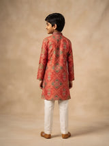 Boys Red Printed Silk Kurta Pyjama Set