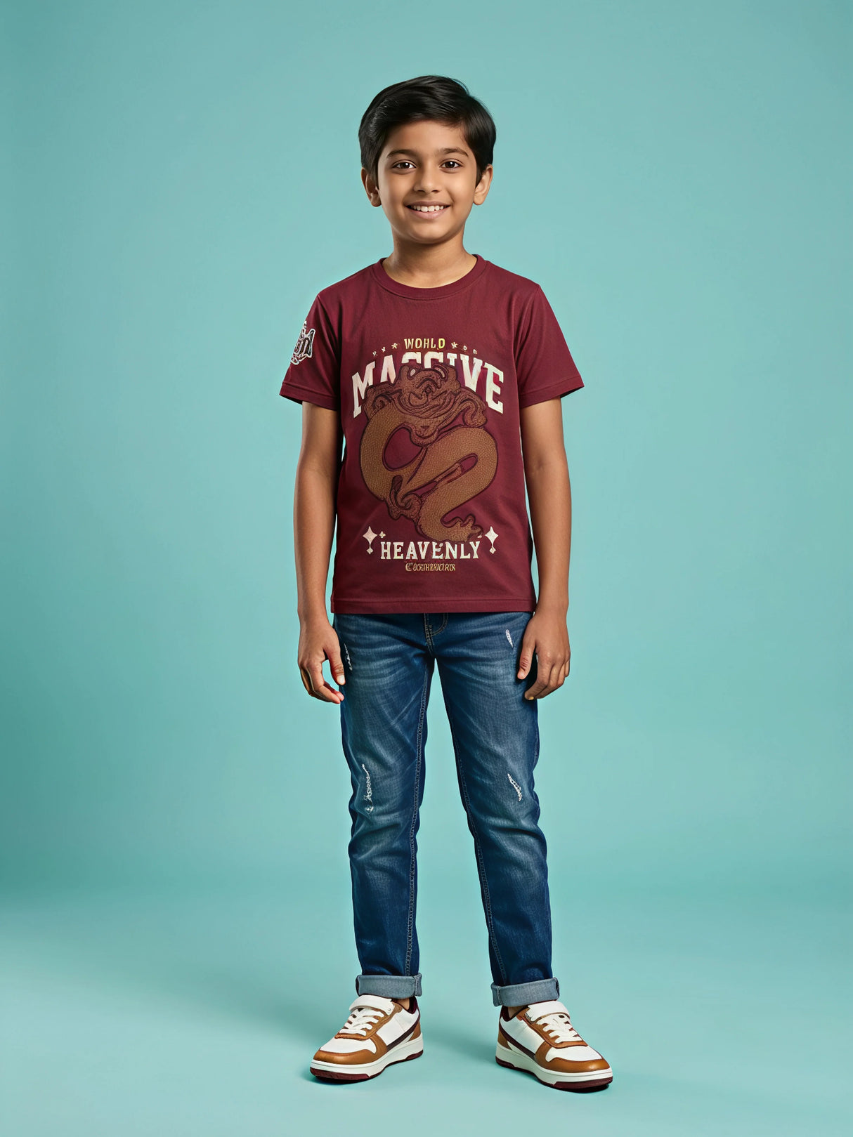 Boys Maroon Dragon Print Cotton T-Shirt