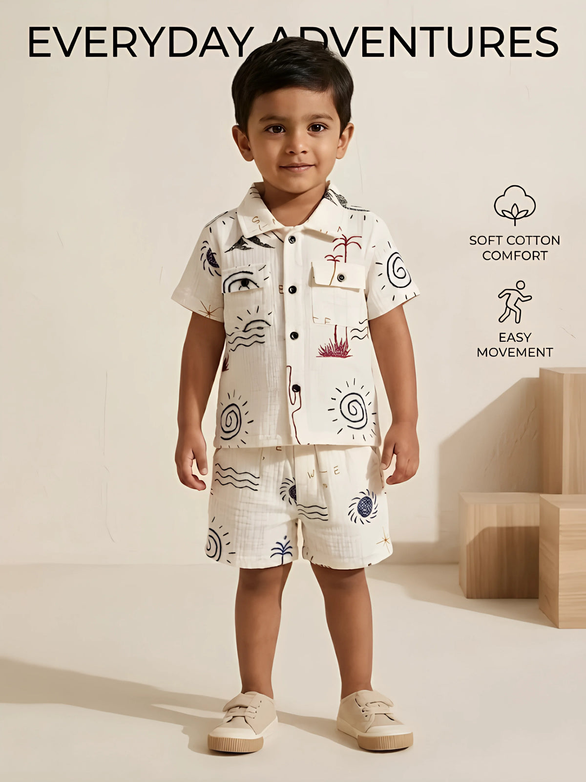 Blue Graphic Printed Cotton Boys Coordinate Set