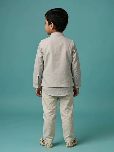 Cream Mirror Work Kurta Pajama with Jacket for Boys