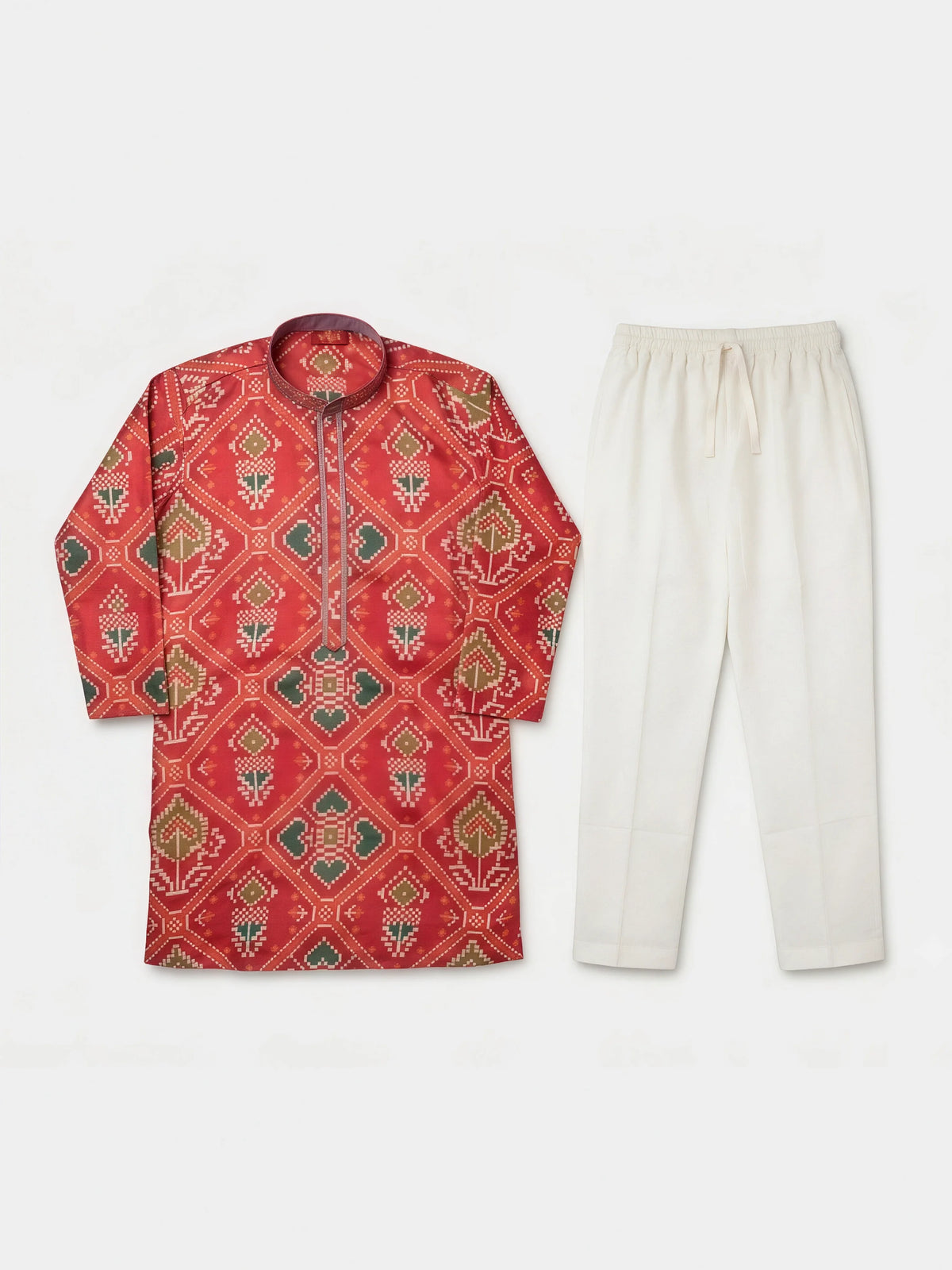 Boys Red Printed Silk Kurta Pyjama Set