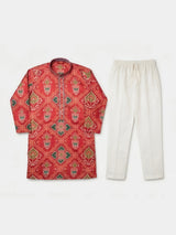 Boys Red Printed Silk Kurta Pyjama Set