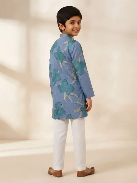 Blue Floral Embroidered Kurta Pajama Set for Boys