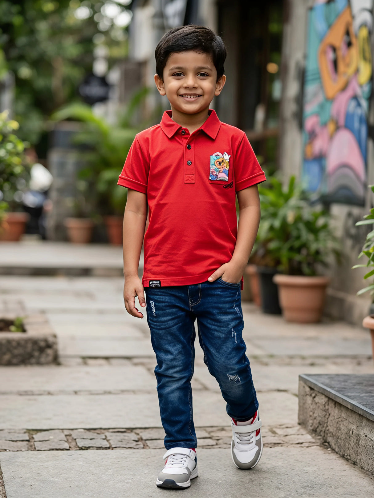 Boys Vibrant Red Polo T-Shirt with Graphic Pocket Detail