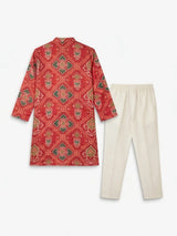 Boys Red Printed Silk Kurta Pyjama Set