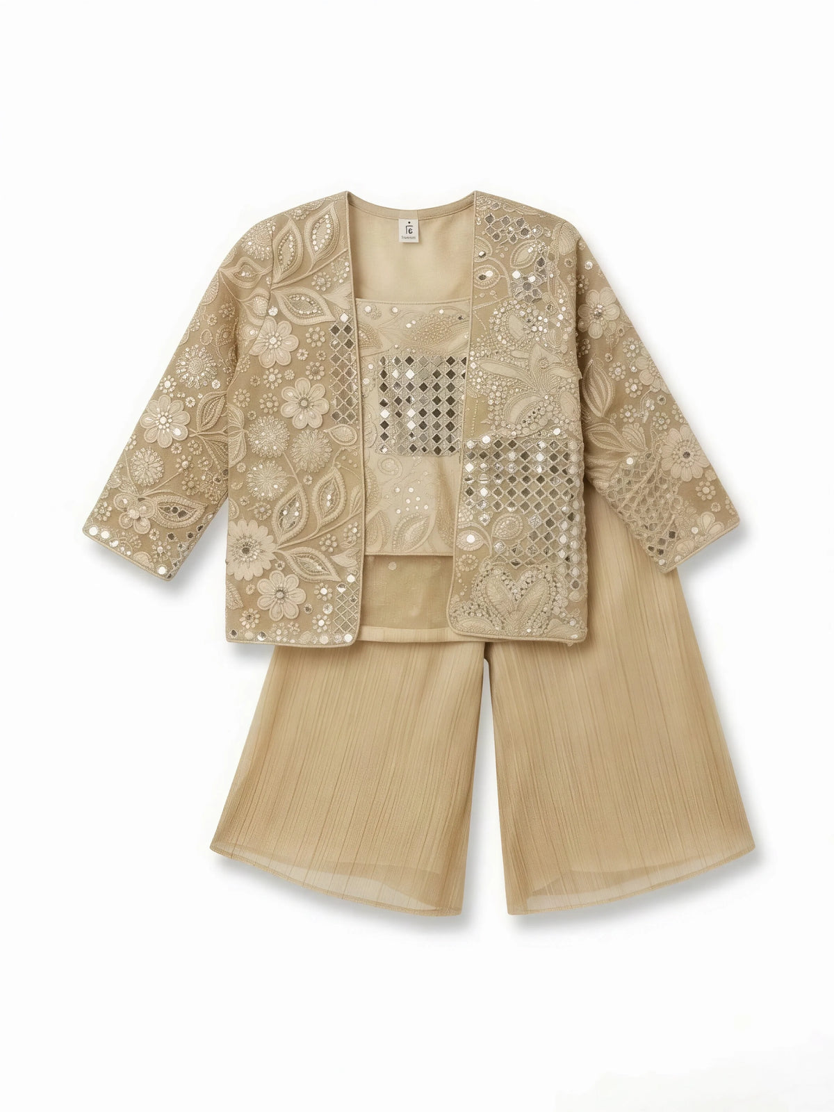 Cream Embroidered Mirror Work Plazzo Set with Jacket for Girls