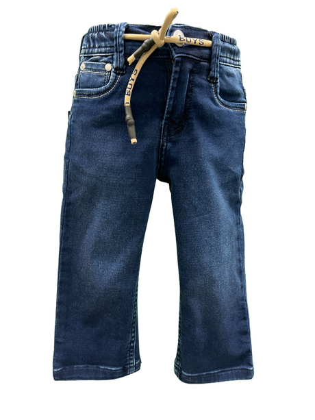 A pair of toddler boys' navy blue denim jeans with an elastic waist and a decorative beige drawstring that has "BOYS" printed on the ends.