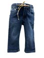 A pair of toddler boys' navy blue denim jeans with an elastic waist and a decorative beige drawstring that has "BOYS" printed on the ends.