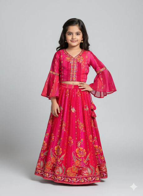Young girl wearing a full-sleeved rani pink printed crop top (choli) with bell sleeves and an elaborate floral printed lehenga skirt, posing against a grey background.