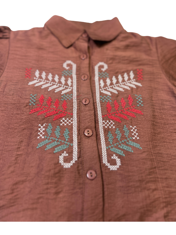 Girls' Embroidered Puff-Sleeve Collared Shirt