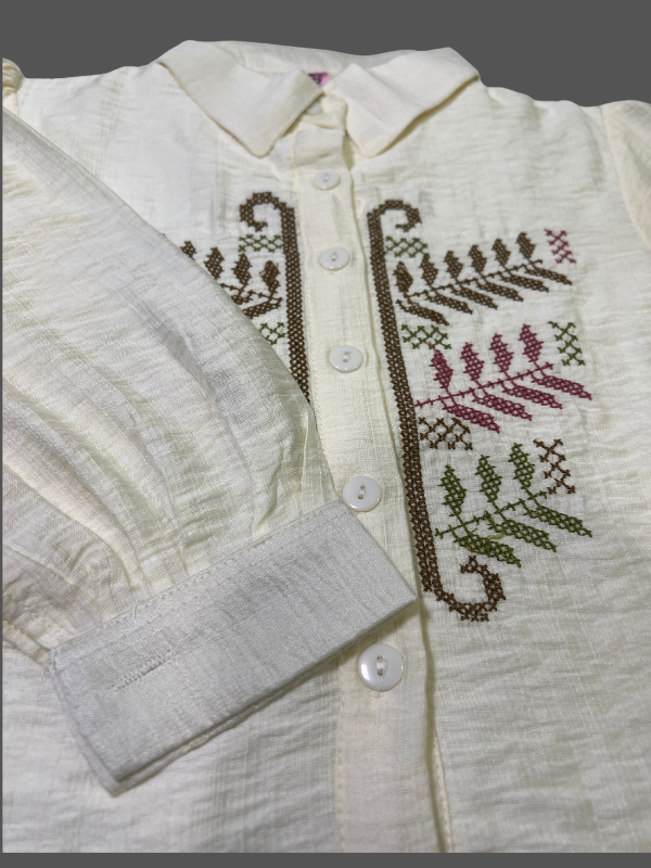 Girls' Embroidered Puff-Sleeve Collared Shirt