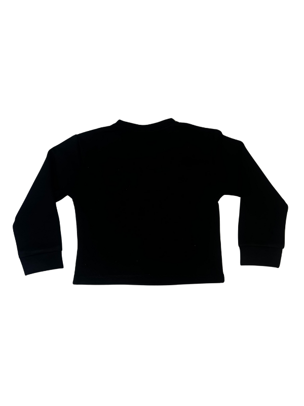 Girls' long-sleeved black top with a large, sparkly flower appliqué made of rhinestones or pearls on the chest.

Export to Sheets