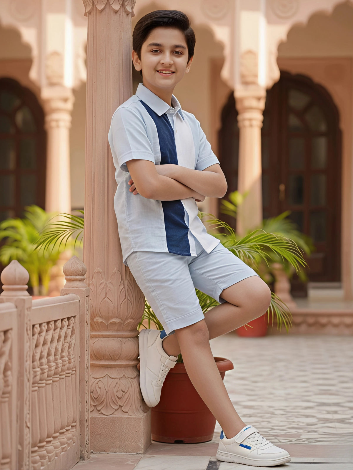 Boys' Blue Colorblock Shirt and Shorts Co-ord Set