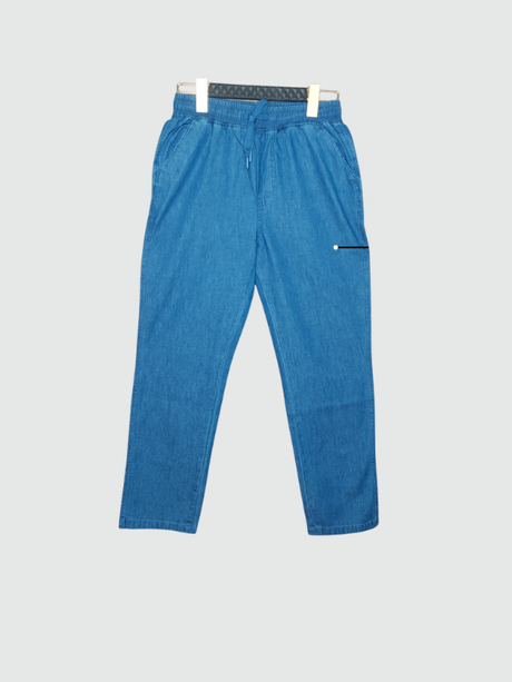 Medium blue boys' casual drawstring pants in a denim-look fabric, featuring an elastic waist and a small horizontal zipper detail on the hip.