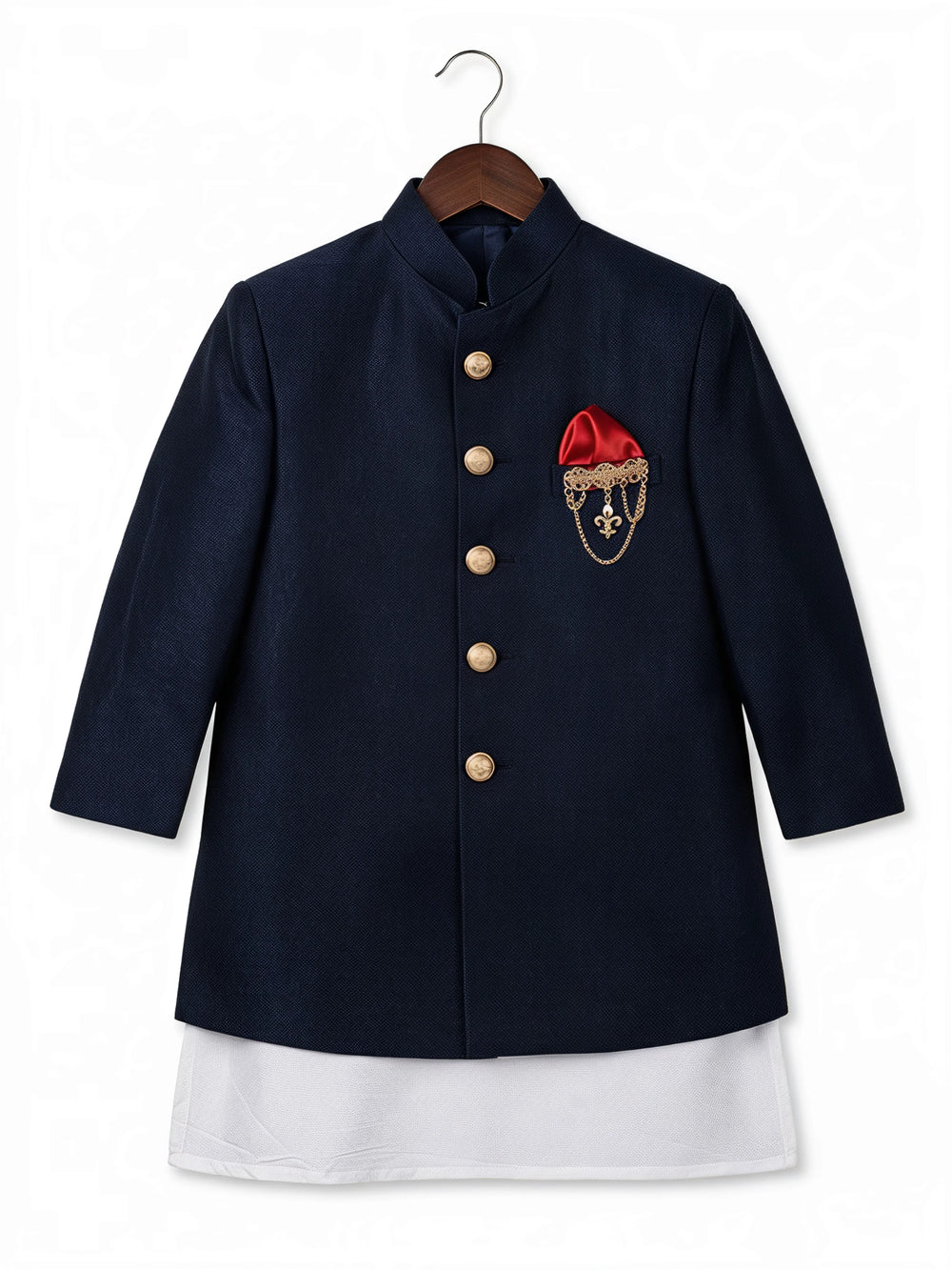 Boys navy blue Jodhpuri sherwani set with gold buttons and red pocket square – view 4
