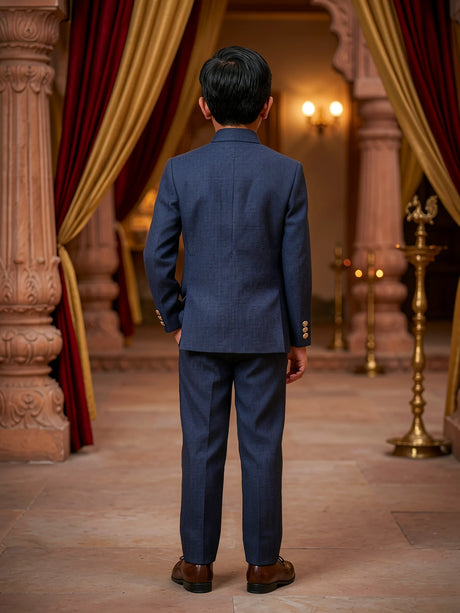 Boys navy blue Jodhpuri bandhgala suit with metallic buttons and gold-tone brooch – view 3