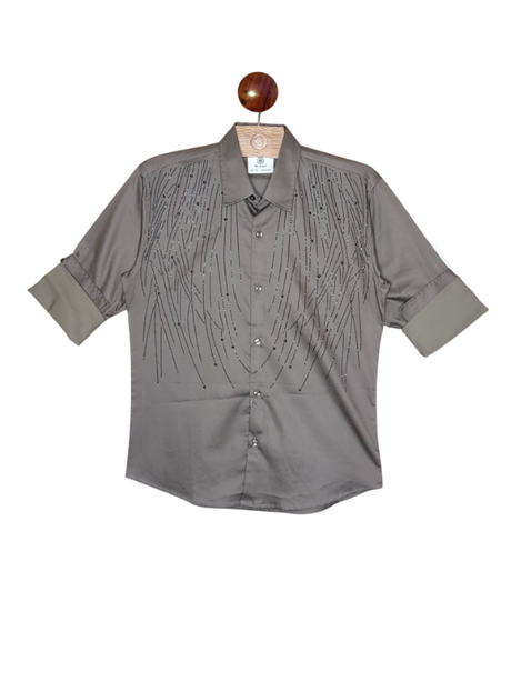 Boys' Cream Printed Mandarin Collar Jacket-Shirt