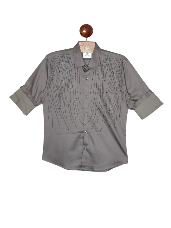 Boys' Cream Printed Mandarin Collar Jacket-Shirt