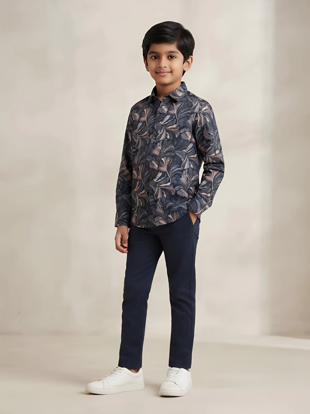 Boys Black Floral Printed Casual Full Sleeve Shirt