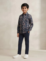 Boys Black Floral Printed Casual Full Sleeve Shirt