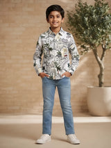 Boys white full sleeve casual shirt with all over city building and palm tree graphic print