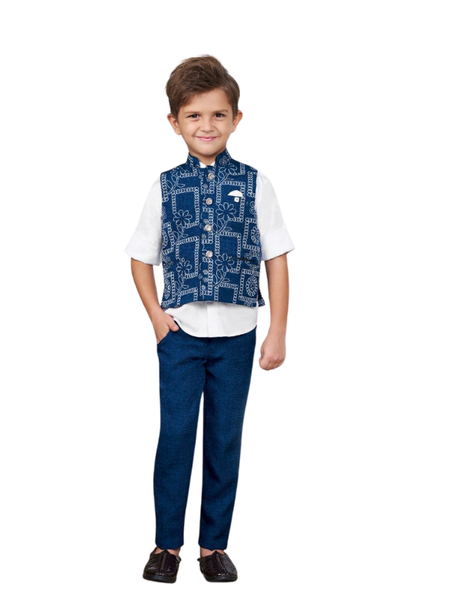 Full-length image of a young boy wearing a three-piece formal set: a navy blue and white printed waistcoat over a white short-sleeve shirt, and matching navy blue trousers.