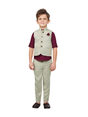 Full-length image of a young boy wearing a three-piece formal set: a light sage green embroidered waistcoat over a maroon short-sleeve shirt, and matching sage green trousers.