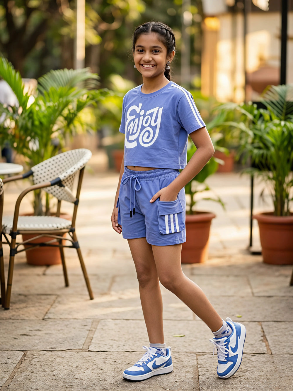 Girls' Purple "Enjoy" Sporty Coordinate Set - 2-Piece Crop Top & Cargo Shorts