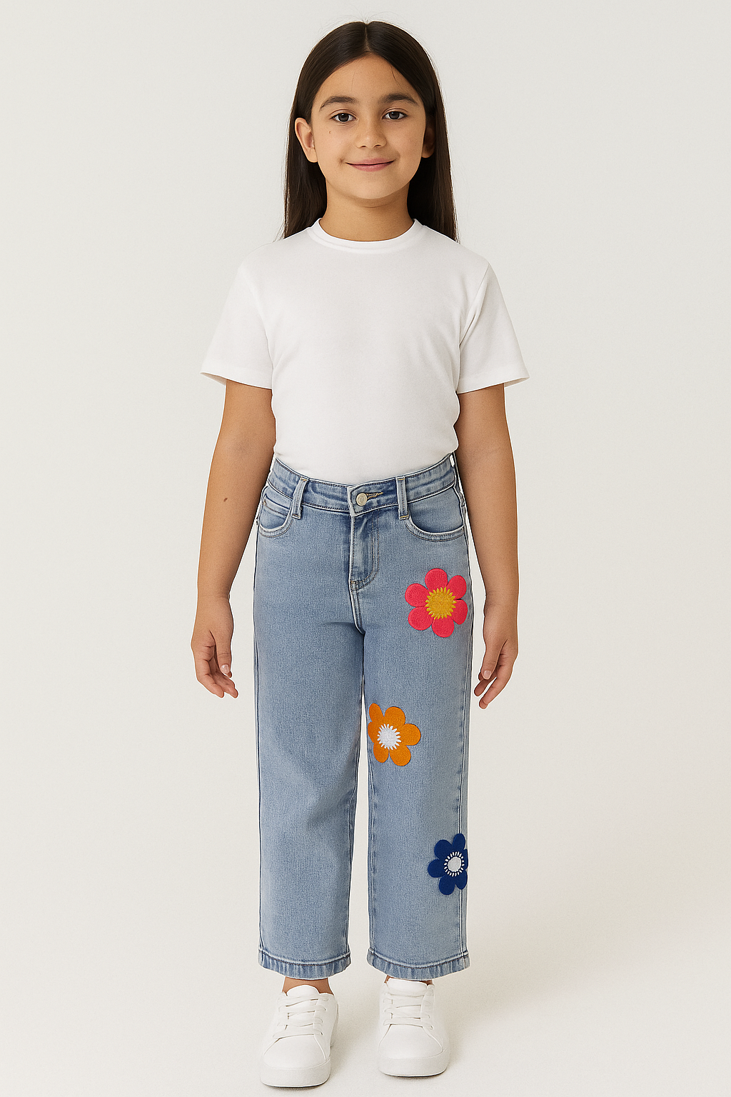 Girls' Light Wash Wide-Leg Floral Appliqué Jeans