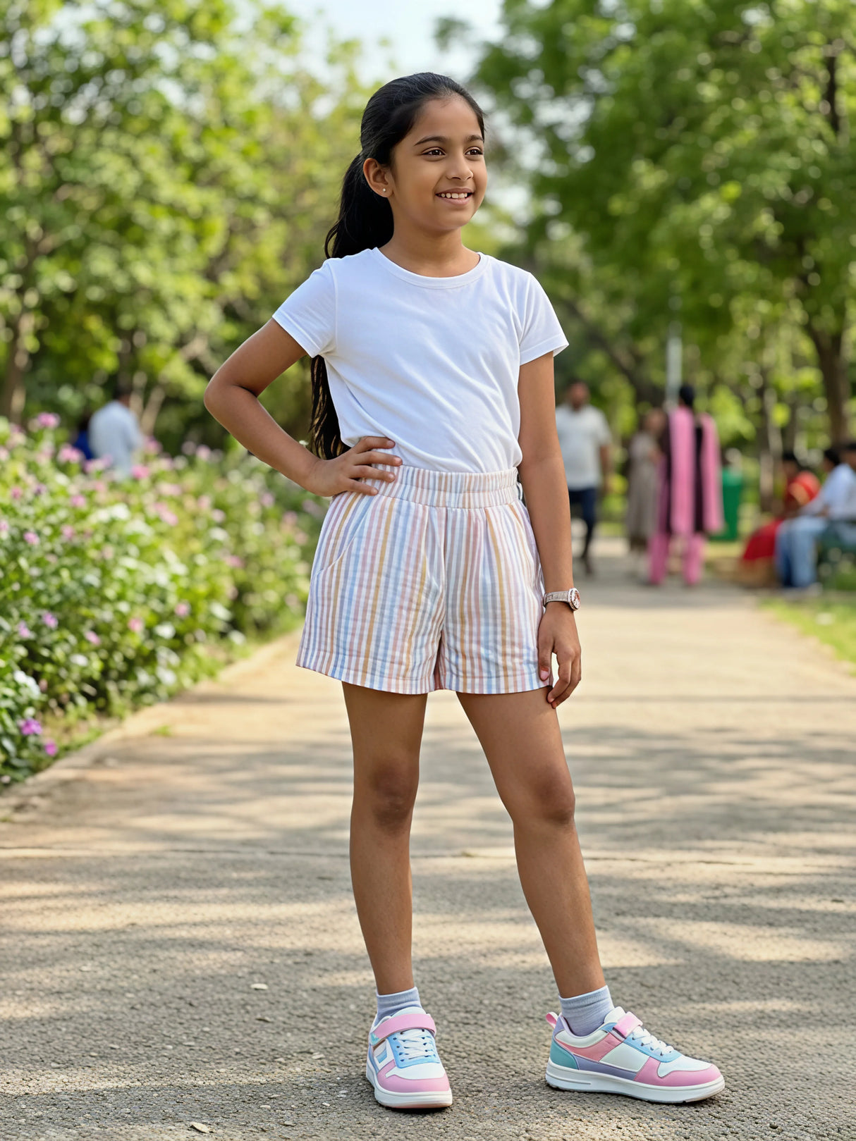 Girls Peach Striped Casual Cotton Shorts