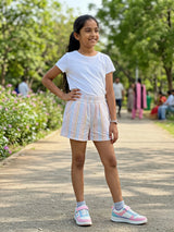 Girls Peach Striped Casual Cotton Shorts