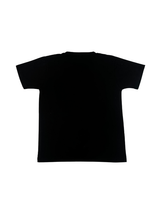 Black short-sleeve kids' T-shirt with a retro Pink Panther graphic print wearing yellow sunglasses and a blue Hawaiian shirt. The design includes the title "PINK PANTHER" and "THE PANTHER GOES HOLLYWOOD!".