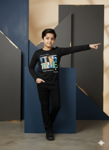 Boys Casual Full Sleeves Printed Round Neck T-Shirt - Black