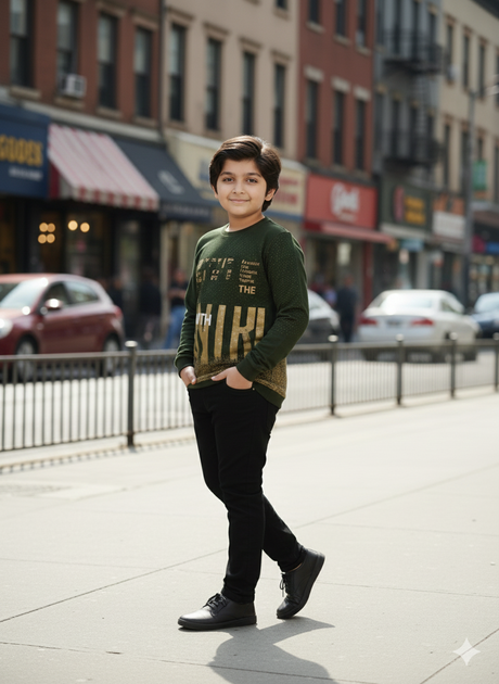 Boys Casual Full Sleeves Printed Round Neck T-Shirt - Green