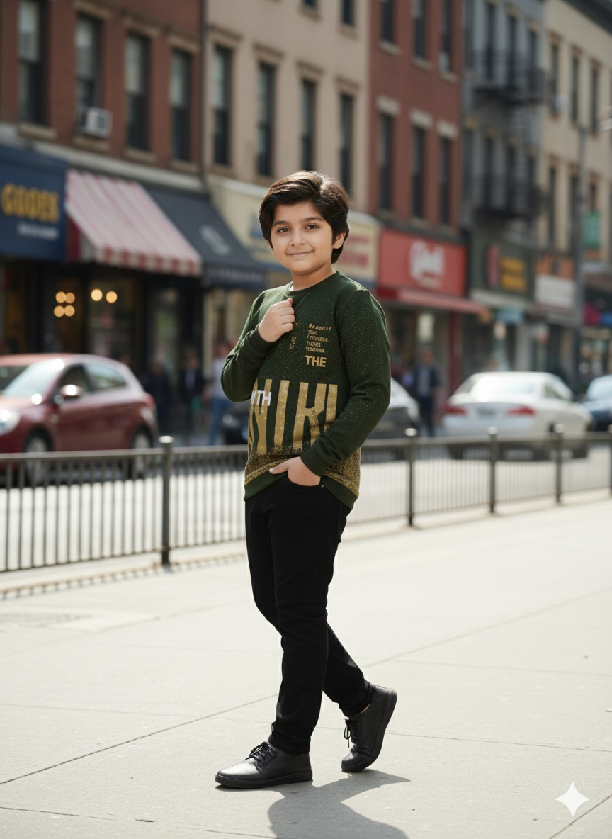Boys Casual Full Sleeves Printed Round Neck T-Shirt - Green