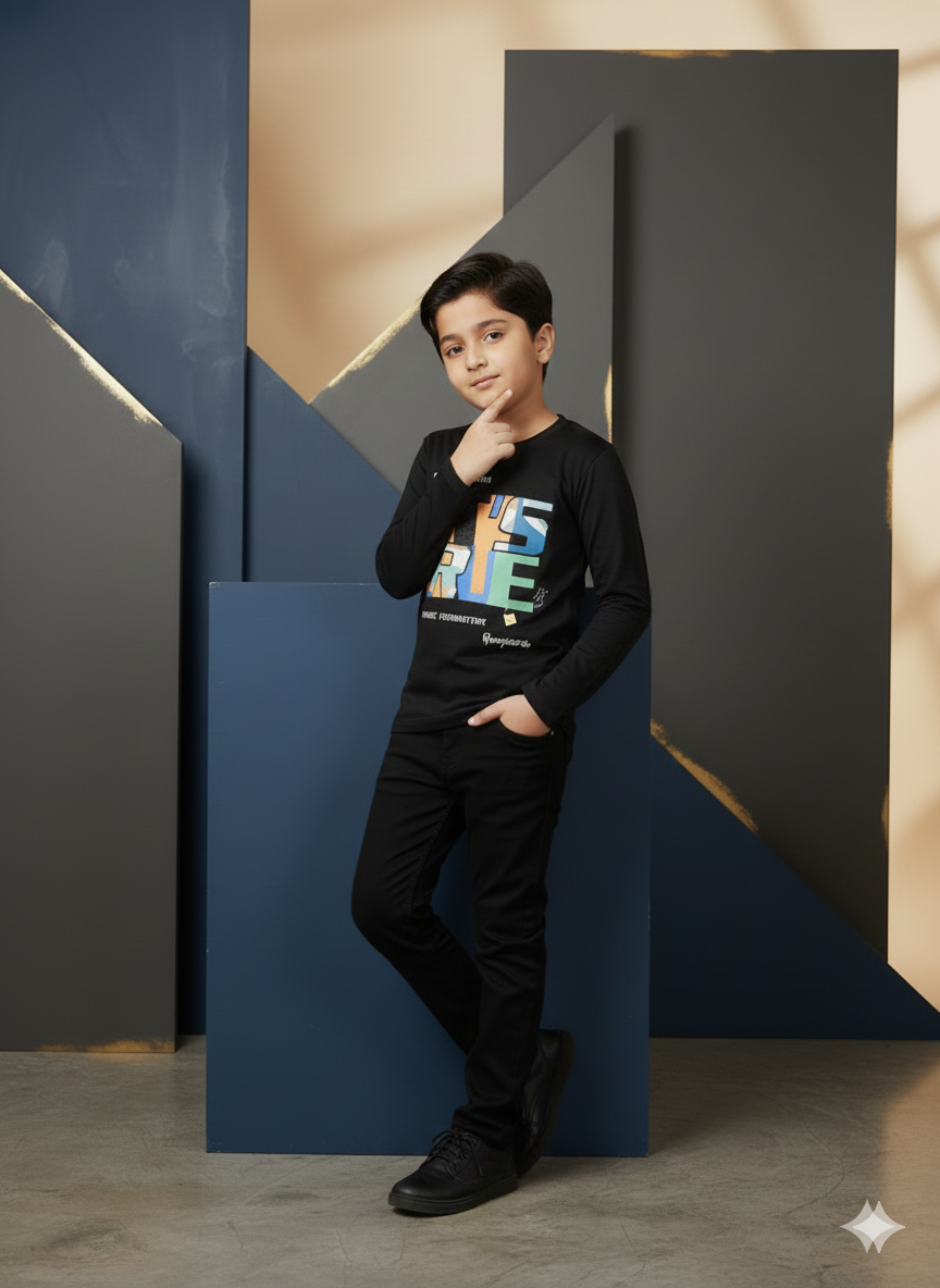 Boys Casual Full Sleeves Printed Round Neck T-Shirt - Black