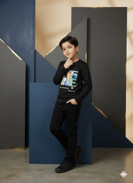Boys Casual Full Sleeves Printed Round Neck T-Shirt - Black