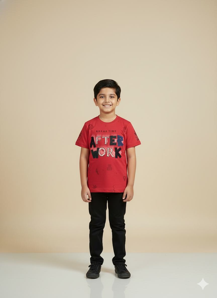Boys' Red "AFTER WORK" Multi-Textured Graphic T-Shirt